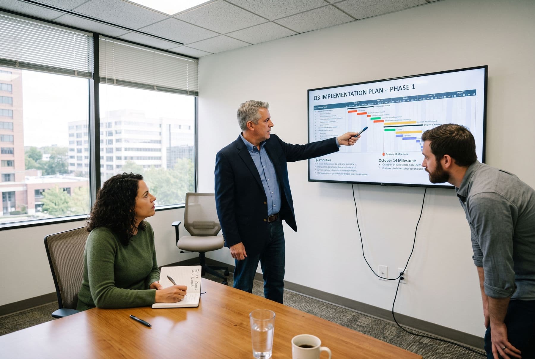 An advisor presenting an implementation plan to two colleagues