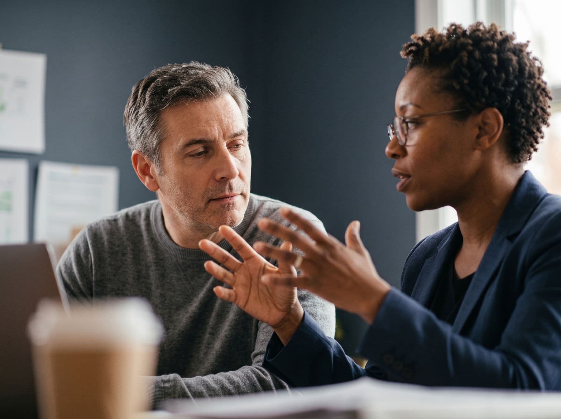 An advisor explaining a financial result to a business owner across a desk