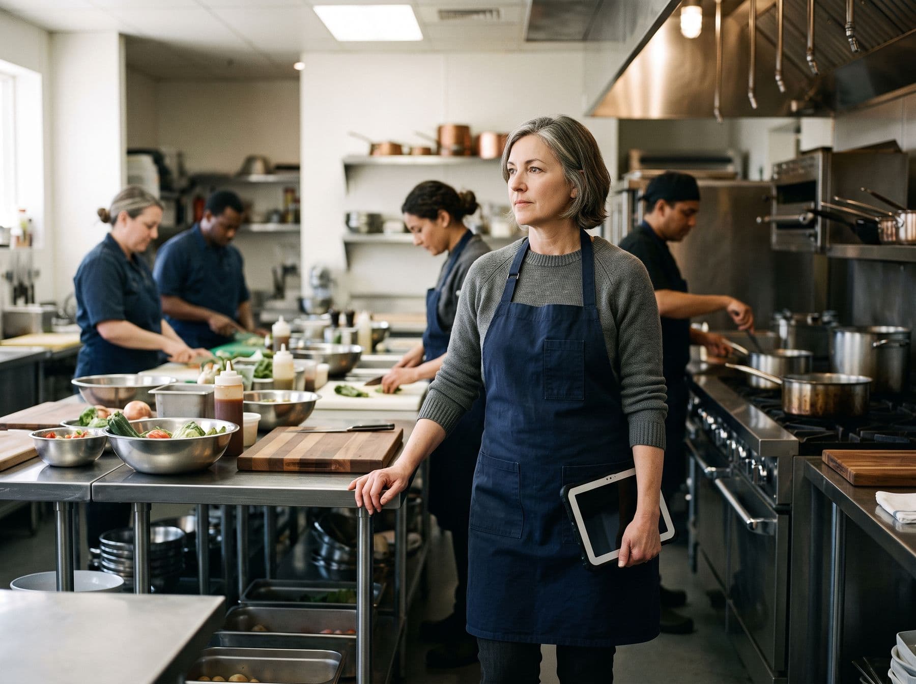A restaurant owner standing in her commercial kitchen holding a tablet
